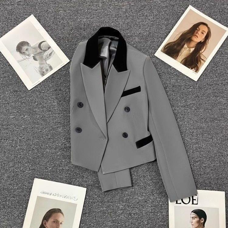 Spring Autumn Fashion Short Gray Blazer for Women Slim Fit Casual Trendy Office Wear