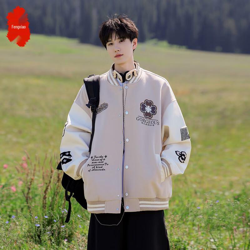 

Men s American Retro Embroidered Baseball Jacket with PU Leather Splicing XL