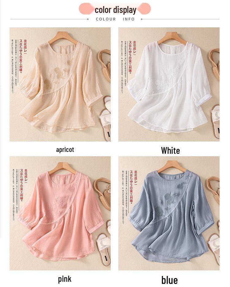 2023 Women's Literary Embroidery Cotton Linen Blouse - Summer Loose Pleated Pullover
