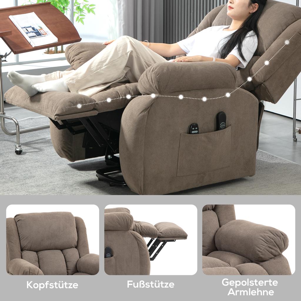 TV Recliner with Massage and Heat Function, Electric Lift Chair, Remote Control, Side Pockets, Light Brown
