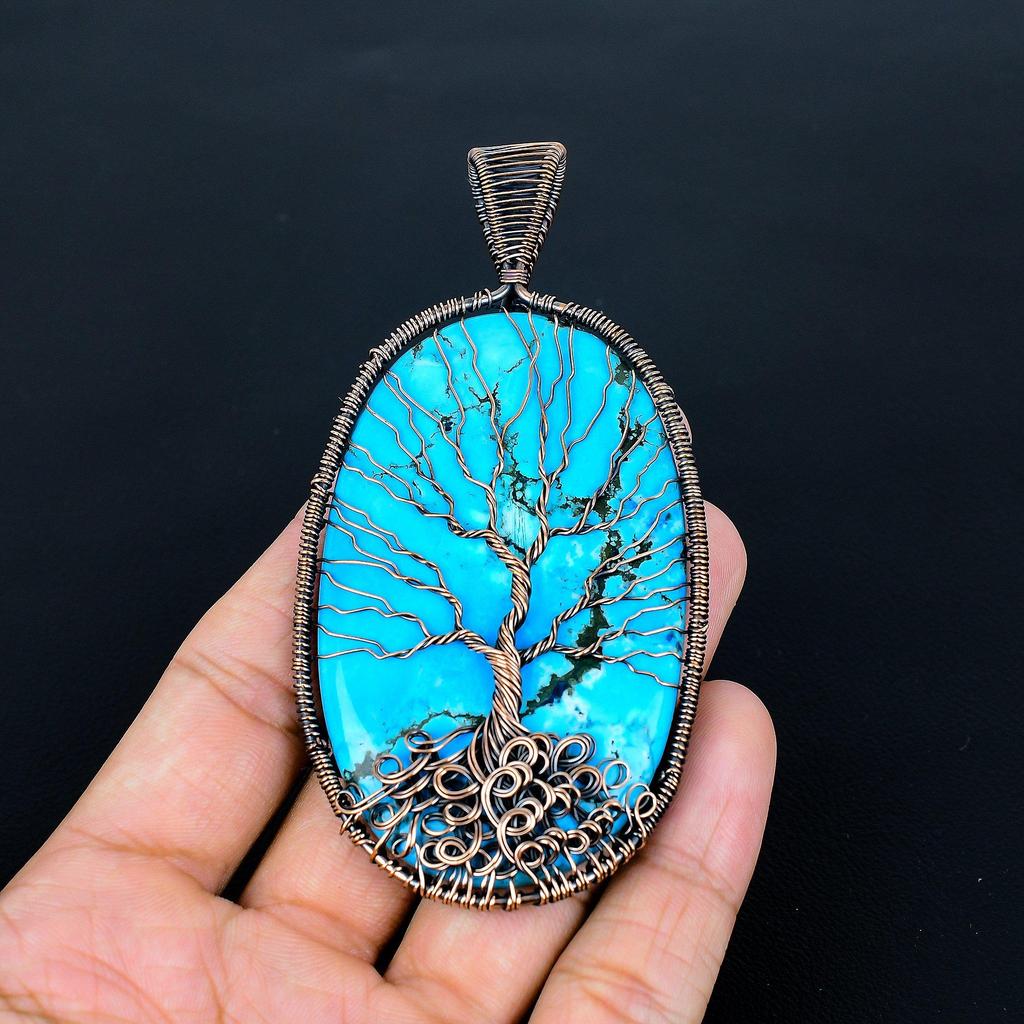 Tree Of Life Turquoise Pendant, Handmade Gemstone 999 Copper Wire Wrap Pendant Antique Jewelry, For Gift Copper Jewelry