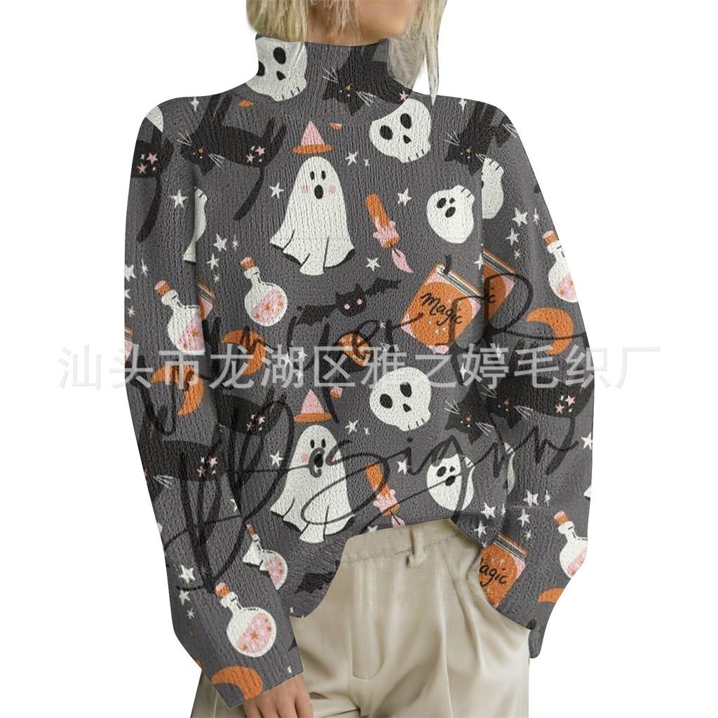 HJX-GL1 Turtleneck Pullover Long Sleeve Halloween Devil 3D Printed Sweater New Loose Autumn and Winter