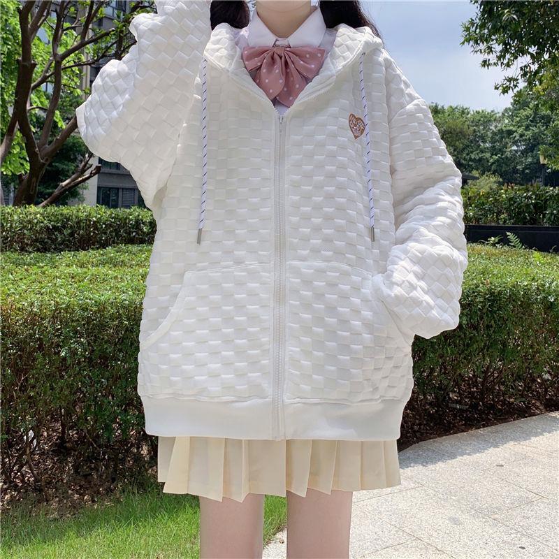 Autumn and winter new Japanese style sweet loose retro versatile student niche design waffle jacket women's cardigan top