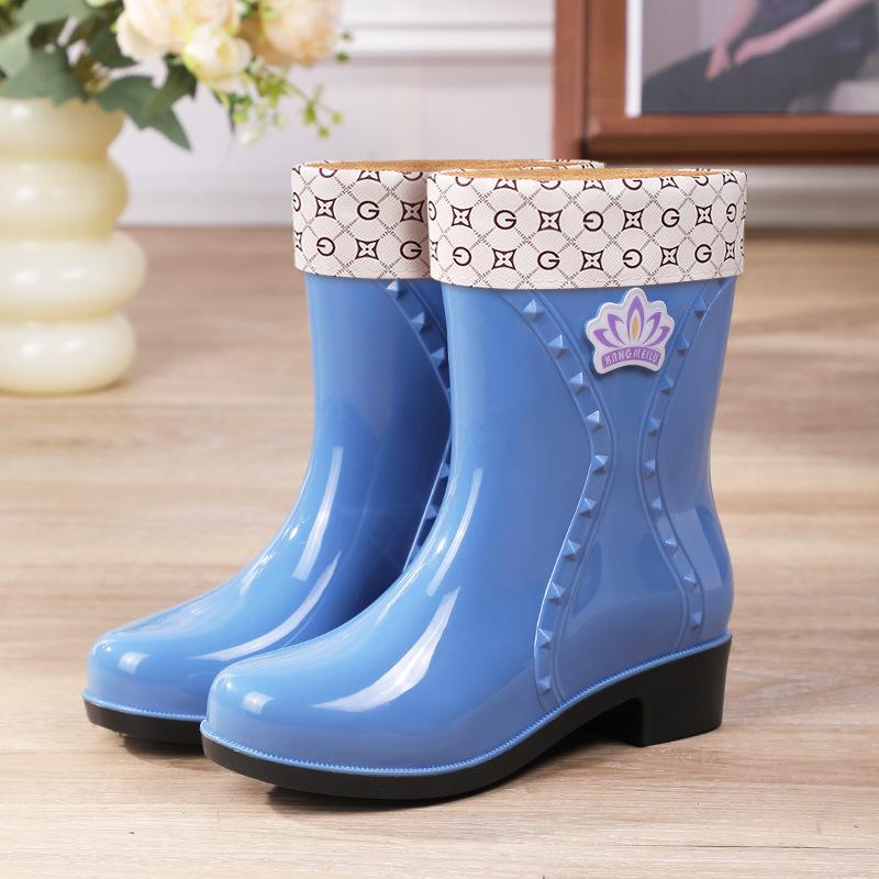 Rain Shoes Women's Medium Tube Velvet Rain Boots Fashionable New Waterproof Shoes Women's Non-slip Medium Tube High-end Overshoes