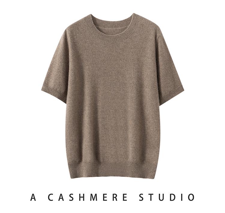 Twelve-Needle Women's Solid Cashmere Knit Pullover: Flat Round Neck, Short-Sleeved, Versatile Design