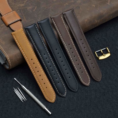 WOCCI 24mm Replacement Watch Strap, Vintage Genuine Leather Watch Band, Dark Brown with Gold Buckle