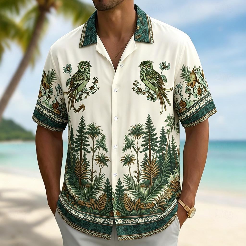 Men's Flamingo Print Short Sleeve Shirt, Casual Collar Tops, Tropical Palm Leaf Style For Spring & Summer