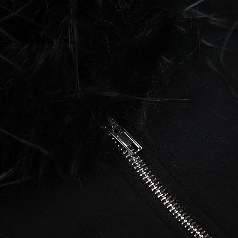 Jachetă Glugă Goth Guler de blană artificială întunecată Hanoare cu glugă cu fermoar Buzunare gotice Grunge Toamnă Negru Femei Streetwear Cardigane