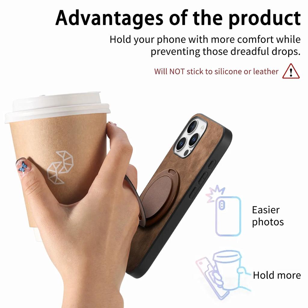 360 Rotating Ring Holder Kickstand Case For iPhone 16 Pro Max 15 Plus 14 13 12 11 SE 2024 Retro Pu Leather Back Magnetic Cover