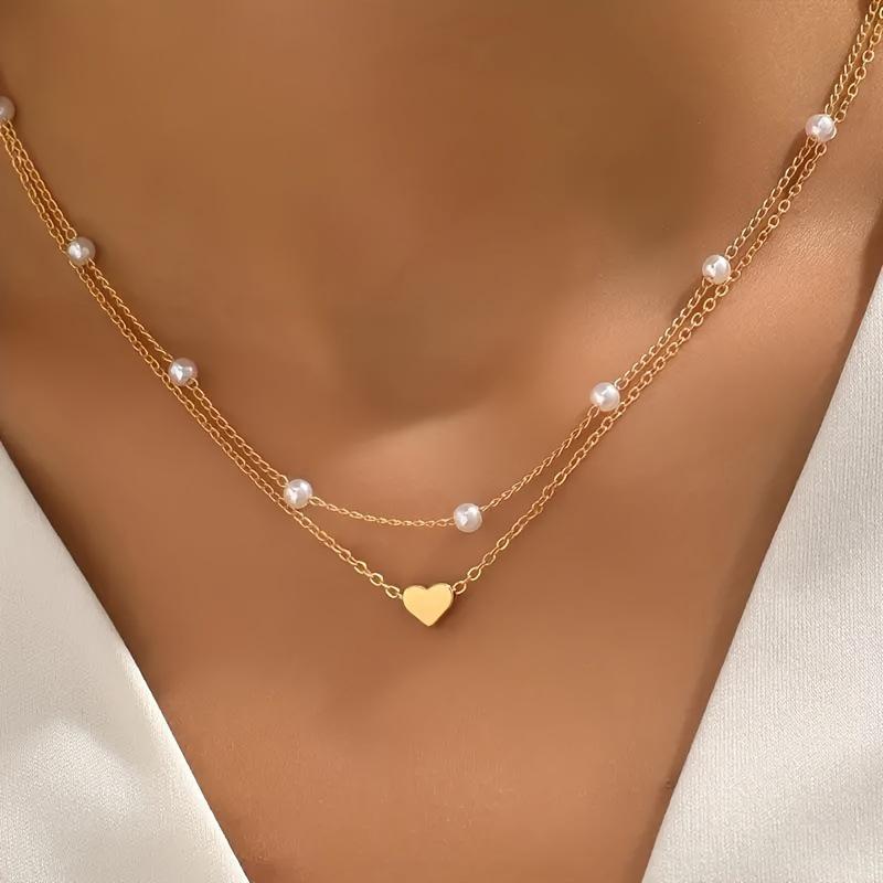 Vintage Pearl Choker Necklaces For Women Fashion Double Layer Chain Small Love Heart Pendant Necklace Jewelry Gift