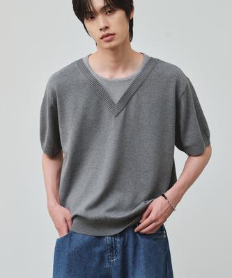 ALYSS Reverse Layered Cotton V-Neck Crop Half Knit [Melange Grey]