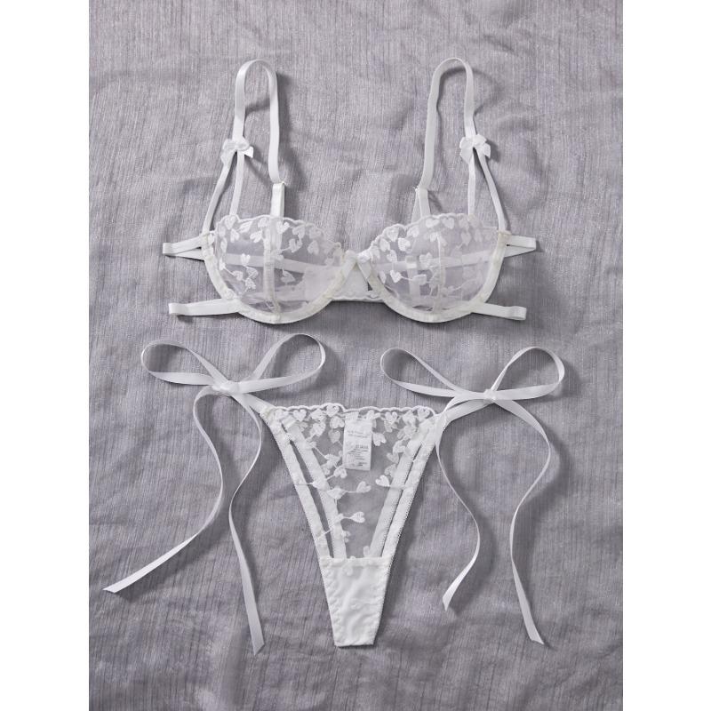 European and American Style Lace Embroidery Perspective Underwear Set, Sexy Straps Gather Bra, Thong, Fun Two-piece Set