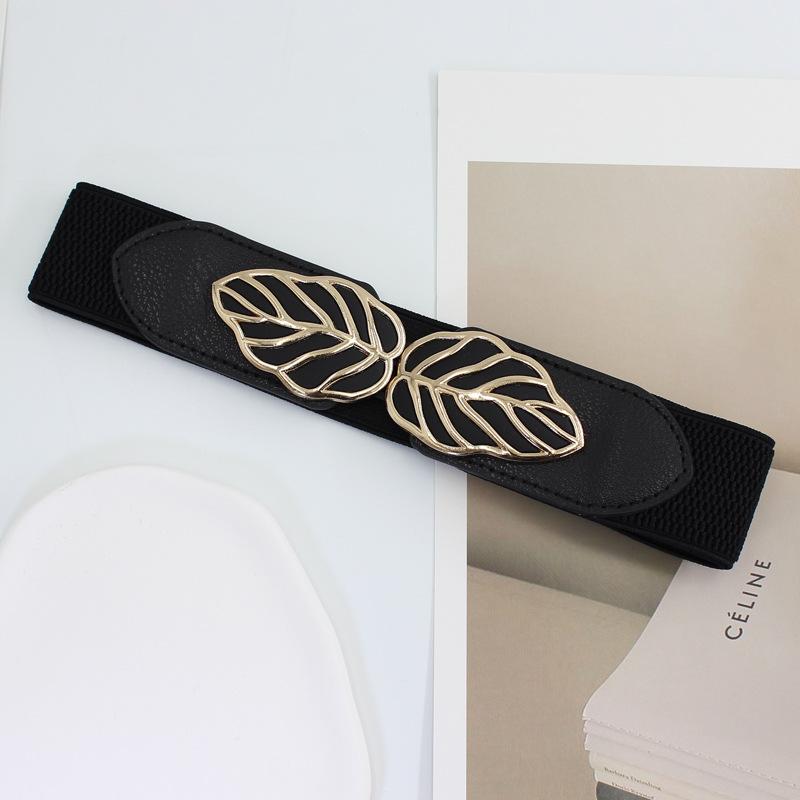 

Ladies Decoration With Skirt Sweater Leaf Pair Buckle Elastic Waist Seal Thin 4Cm Elastic Belt чорний