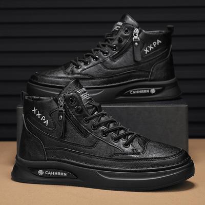 Autumn New Leather High-top Casual Work Black Board Shoes Daily Versatile Lace-up-free Side Zipper Glove Men's Shoes