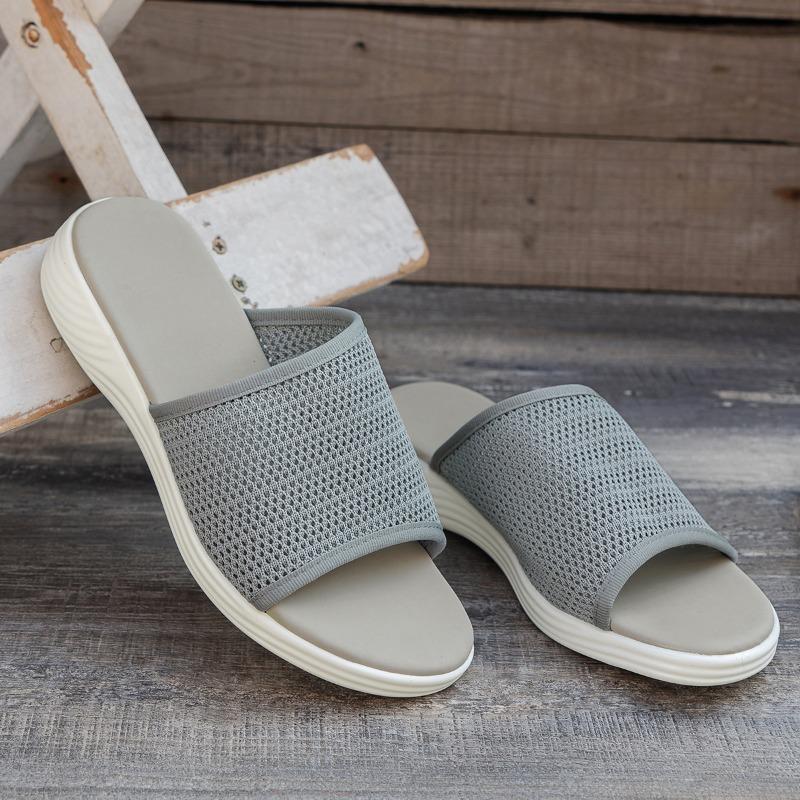 Flat Bottom Slippers Women Summer Round Head Mesh One Word Outer Wear Breathable Casual Sandal Slippers