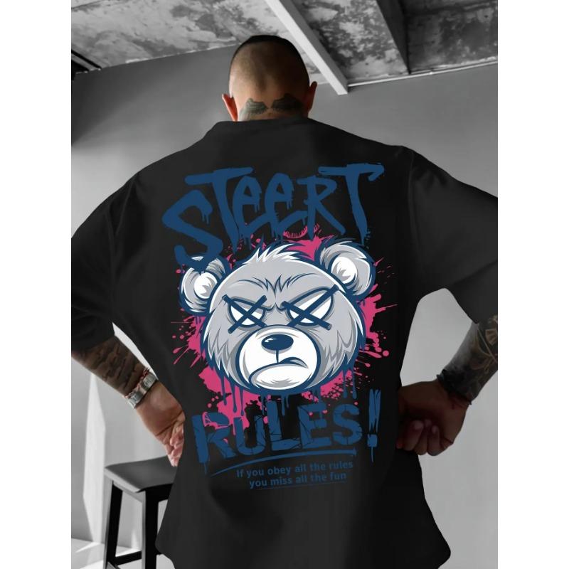 Men's Fashion Summer Angry Bear Letter Print Comfortable Breathable Round Neck T-shirt Outdoor Street Style Top