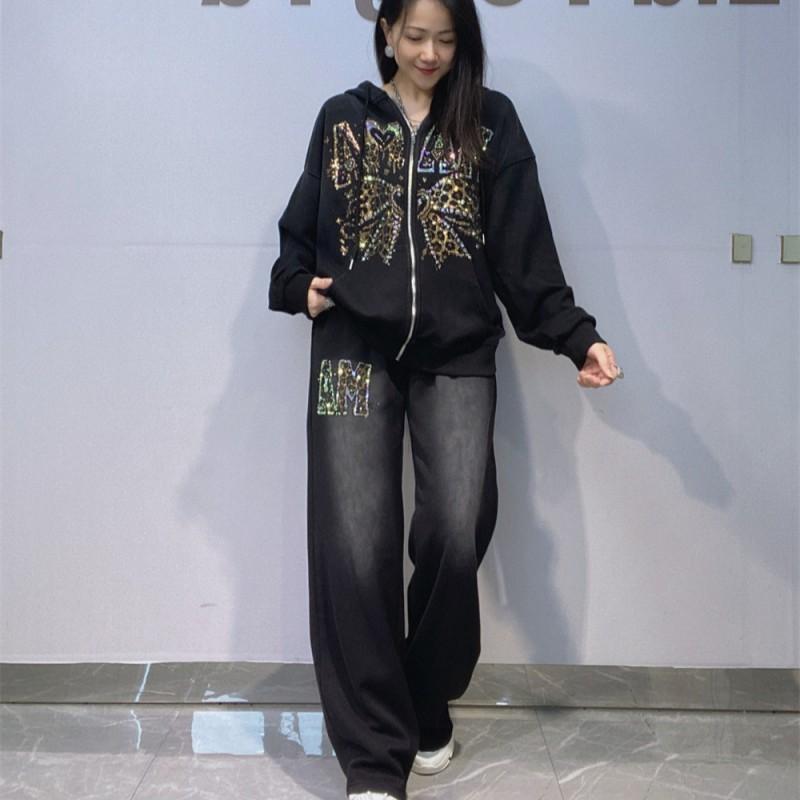 Womens Hooded Tracksuit Set Loose Fit Plus Size Zip-up Cardigan Two-Piece Winter Casual Sportswear With Rhinestones