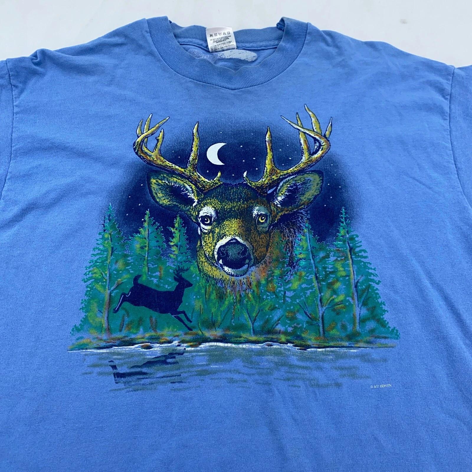vintage 90s DEER NATURE NIGHTTIME UNDER THE STARS T-Shirt M/L nature animals S