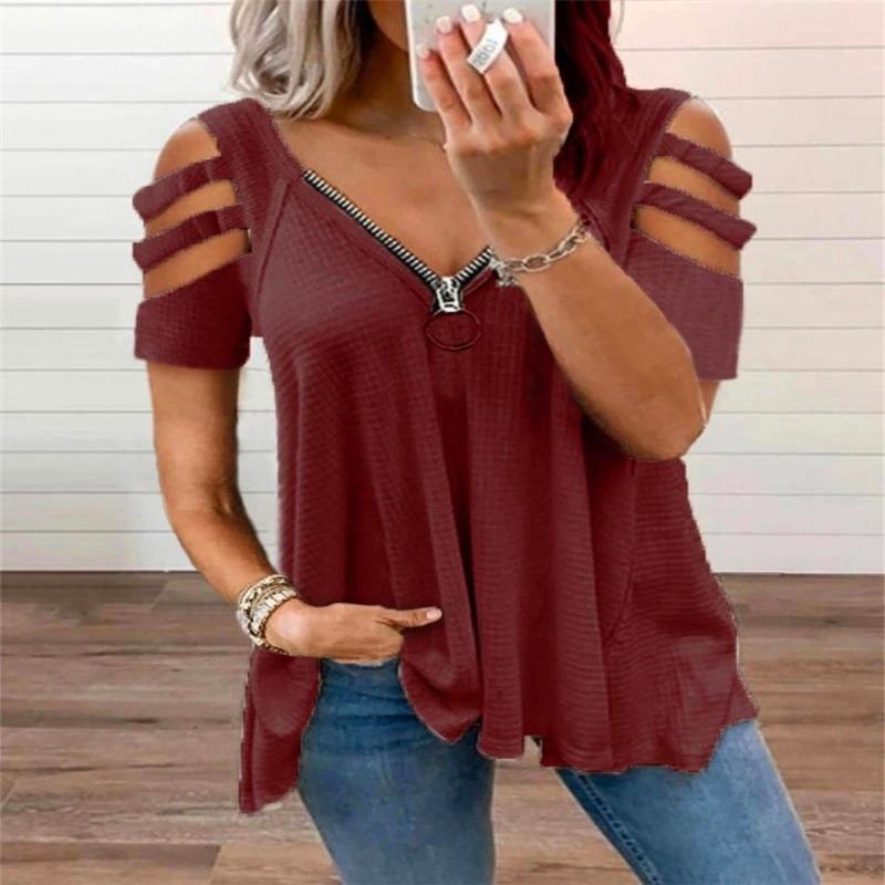 BITCED Women's Fashion Casual Solid Color Print Short Sleeve V Neck Blouses & Shirts