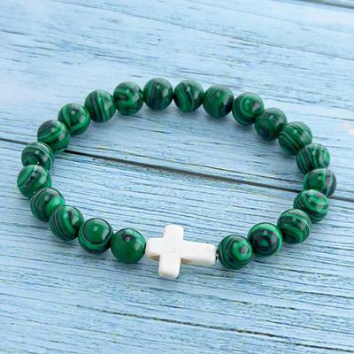 Unisex Cross Hand-Beaded Natural Stone Bracelet with Elastic Cord - High-End Gift