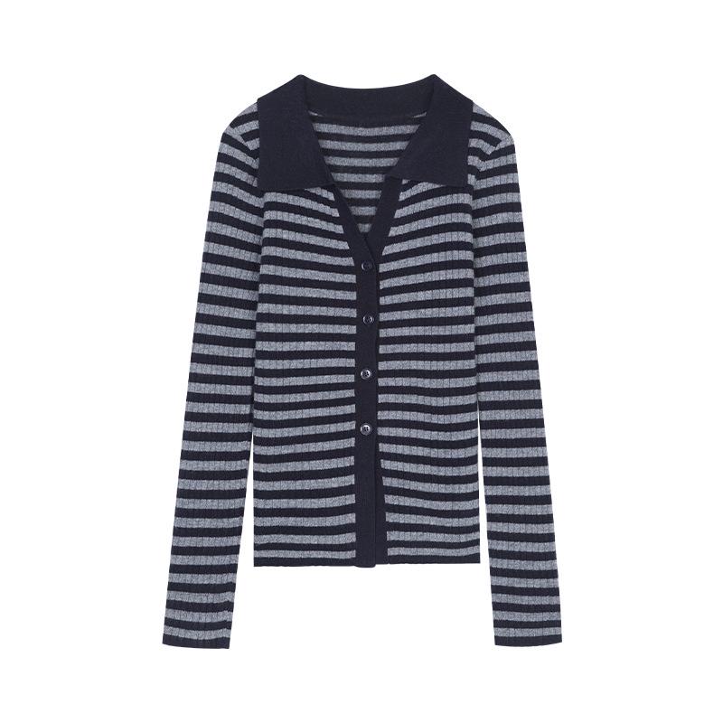 

Магнолия 2025 Осенний Вязаный Шерстяной Топ в Рубчик с Лацканом - Женская Мода One Size