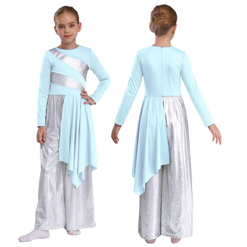 Girls Liturgical Dance Bodysuit Praise Worship Costume Metallic Color Block Wide-Leg Jumpsuit