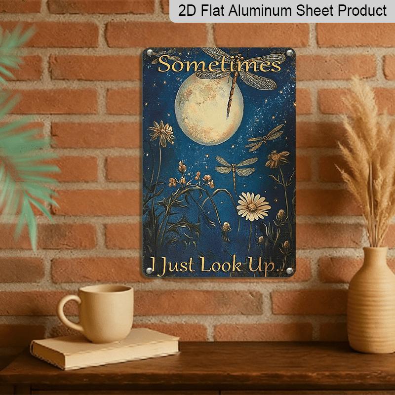 2D Flat Vintage Aluminum Dragonfly Moonlight Metal Sign - 8x12 Inches Aluminum Wall Art with Dandelion & Starry Sky Design, Indoor/Outdoor Hanging