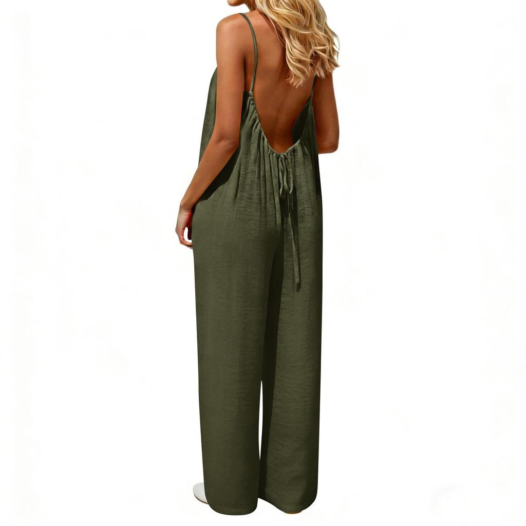 Damen-Jumpsuit, Lässige und lockere Passform, Mit rückenfreiem Design und dünnen Vintage-Trägern. Dieser Loungewear-Jumpsuit ist aus Baumwolle und Li