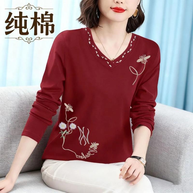 Bluze la modă cu mânecă lungă pentru femei Tricouri cu flori brodate cu decolteu în V Slim Fit și pulovere noi de toamnă