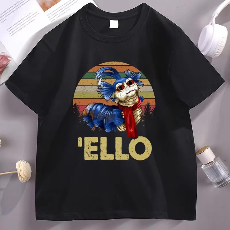 Unisexs Tshirt Funny Ello Worm Labyrinth Vintage TShirt Unisex Women Vintage Graphic T Shirt Casual Short Sleeve Round Neck Tees L