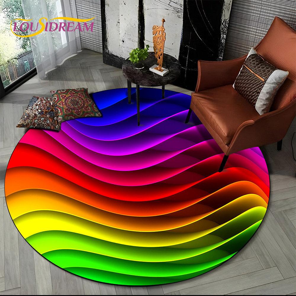 Runder Teppich mit chromatischer Farbtäuschung in Regenbogenfarben, Teppich für Wohnzimmer, Schlafzimmer, Sofa, Spielzimmer, Dekoration, rutschfeste Bodenmatte für Kinder