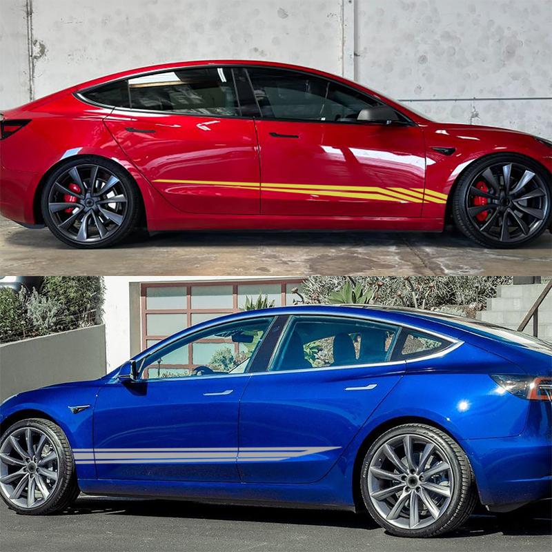 2PCS For Tesla Model 3 Car Body Side Sticker Striped Racing Style Decor Decal  Vinyl Cover Auto Tuning Accessories