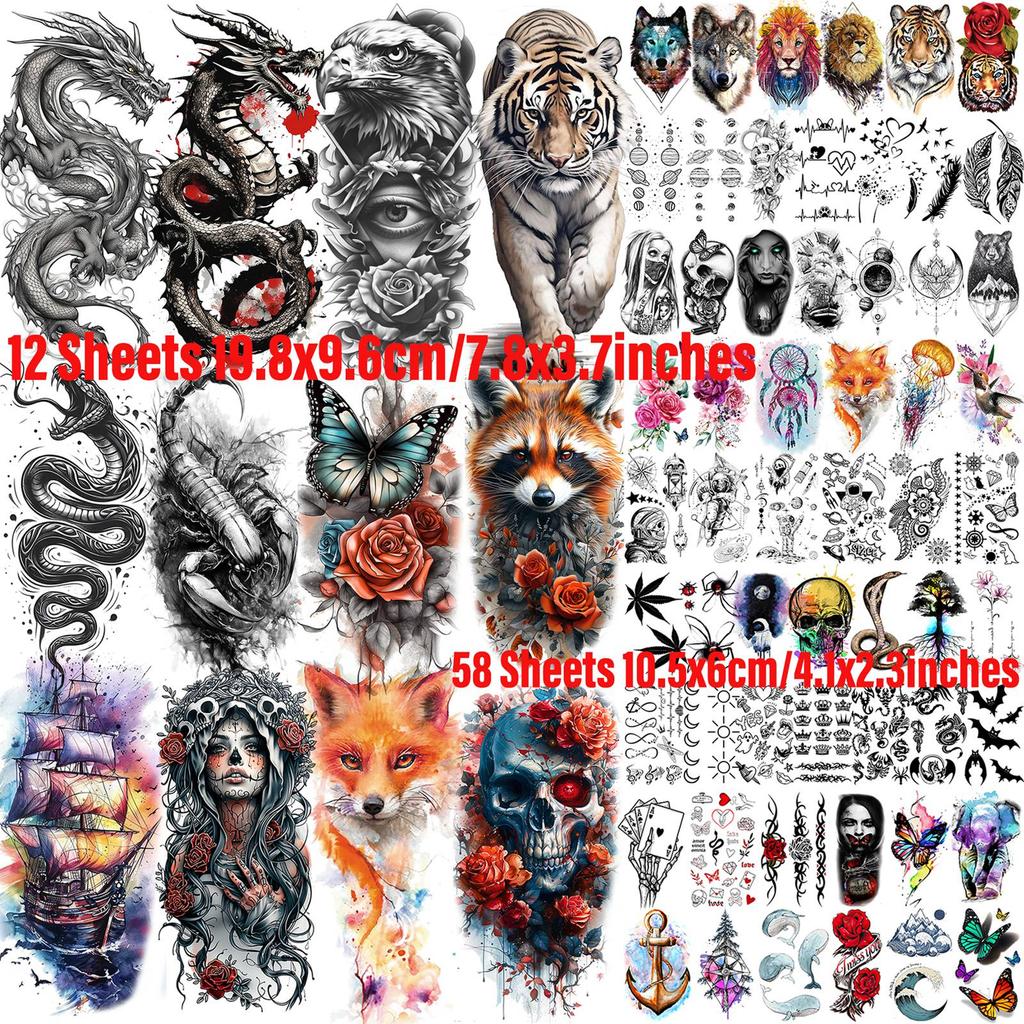 70 Fogli Tigre Aquila Drago Animali Tatuaggi Temporanei Per Uomo Donna Impermeabile Realistico 3D Serpente Scorpione Tatuaggio Falso Adesivo