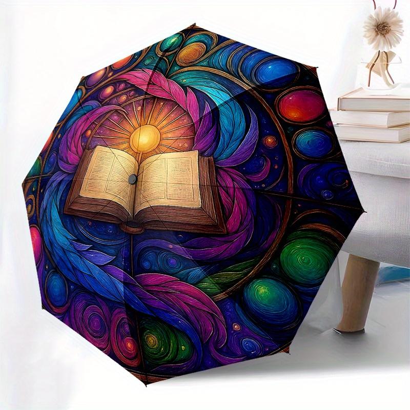 Bunte Mandala-Kunst: Offenes Buch mit Federn und WirbelnRegenschirm, Tragbarer 3-Fach Kompakter Regenschirm für Männer & Frauen Geschenk