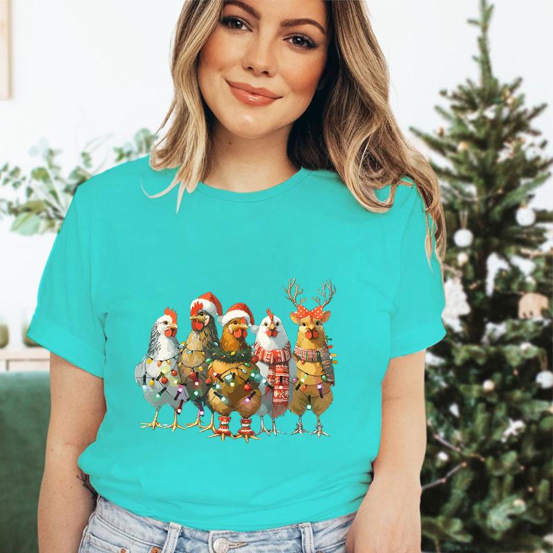 Festive Fashion Tshirt Women Merry Christmas Chicken Cartoon Tshirts Country Life Lovers Christmas Party Gift Essential Tops
