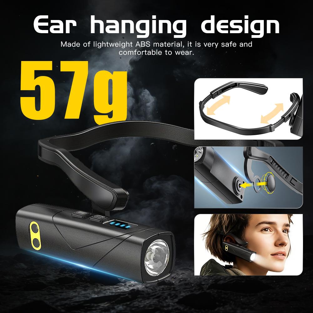 LED Hanging Ear Headlight USB Charging Motion Sensor with 5 Modes Detachable Flashlight for Fishing, Running, and Maintenance Work