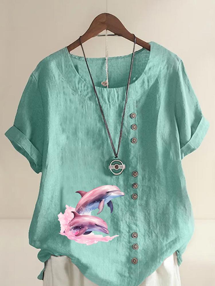 Women's Fashion Couple Dolphin Print Round Neck Short Sleeve T-shirt Summer Casual Cotton Linen Graphic Shirt Leisure Loose Blouse Tops