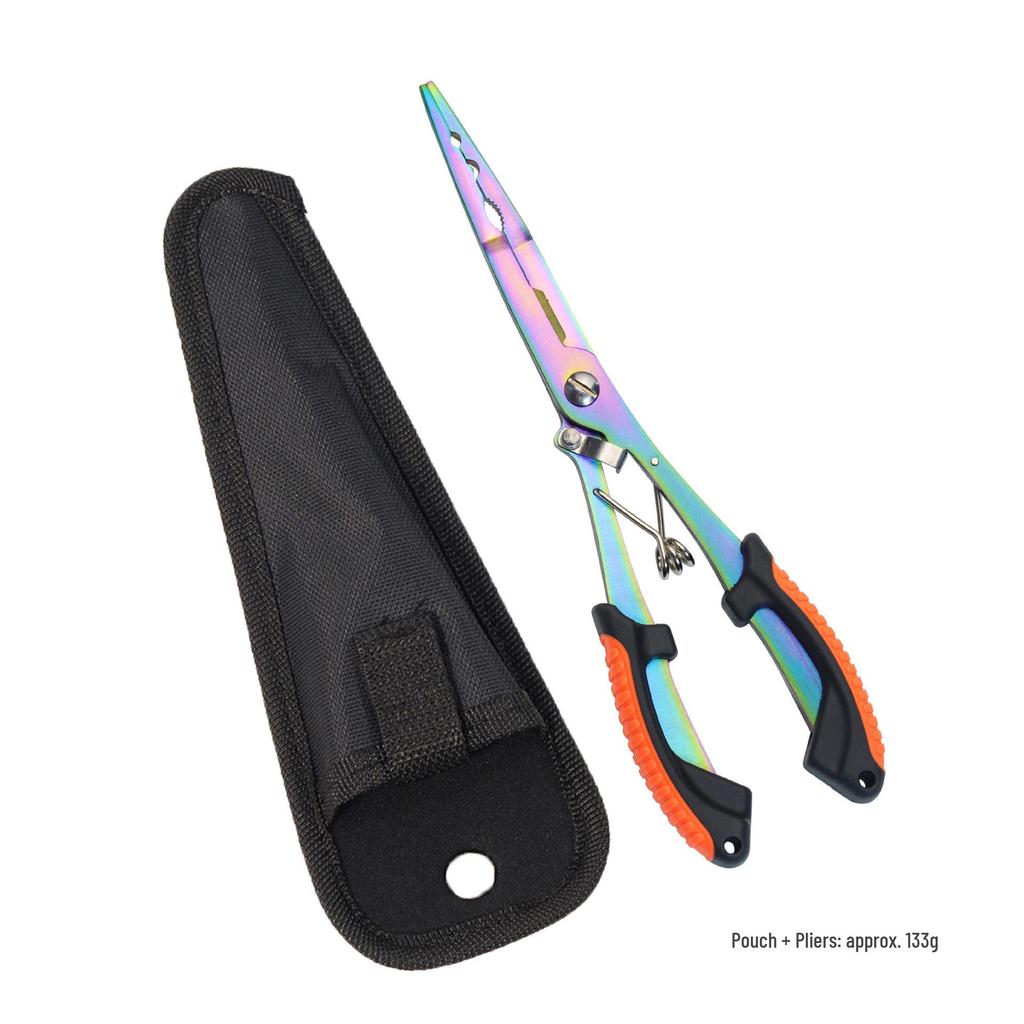 Long Nose Multifunctional Fishing Pliers: Lure, Fish Mouth Clamp, Hammer, Line Cutter, and Hook Control Tool.