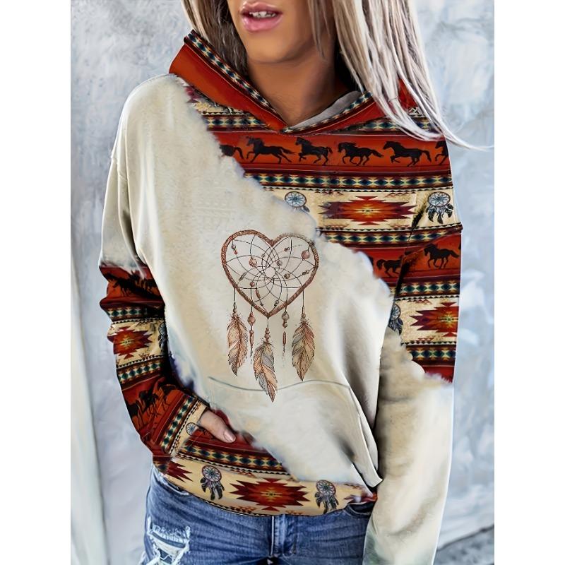 Vintage-Inspired Western Print Sweatshirt - Soft, Casual, Drawstring hoodie with Pocket for Women Long Sleeve Pullover Design