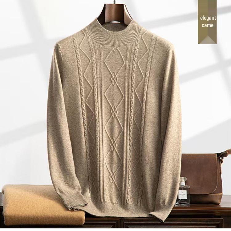 Men's Cashmere Half-High Neck Long Sleeve Knit Sweater - Warm, Business Casual, Plus Size Available