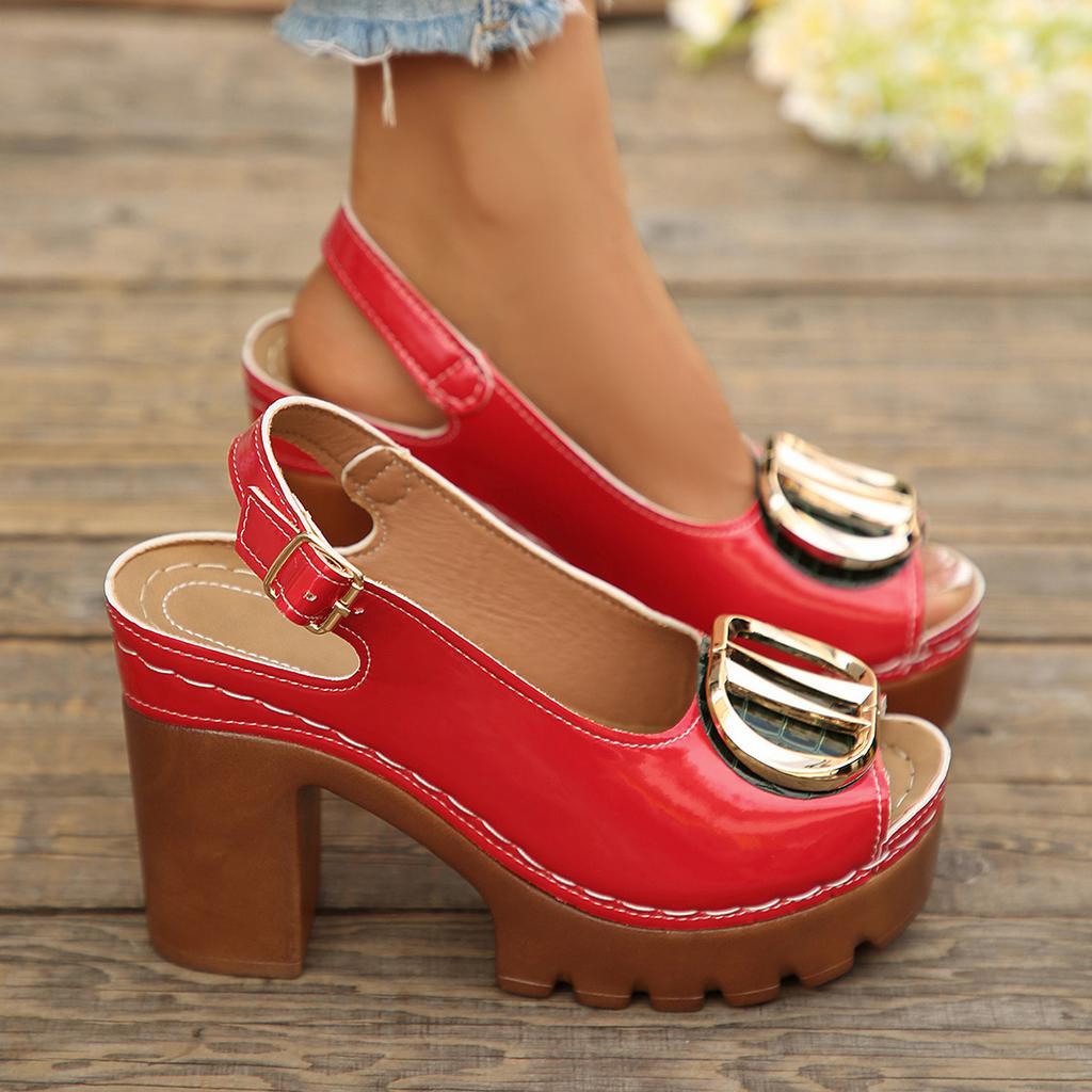 Sexy Patent Leather Thick High Heeled Sandals Women Metal Ring Peep Toe Platform Sandles Woman Summer