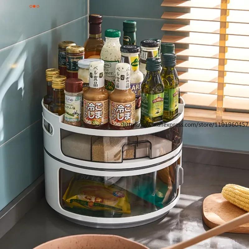 Rotating Condiment Storage Rack for Home Kitchen Countertop Multi-functional Soy Sauce Bottle Condiment Storage Supplies
