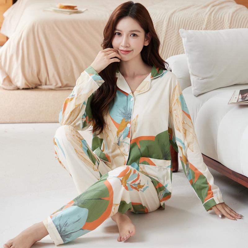 Shuxin floraler Baumwollimitat-Pyjama Frühling und Herbst dünn Mutter locker Übergröße Loungewear Langarm-Set