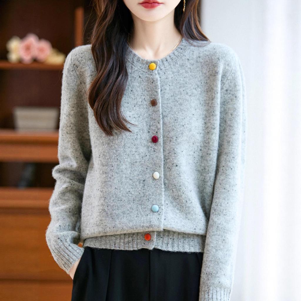 Women's 100% Wool Cardigan Sweater - Round Neck, Colorful Buttons, Loose Fit, Long Sleeve, Casual Autumn/Winter Fashion Outerwear