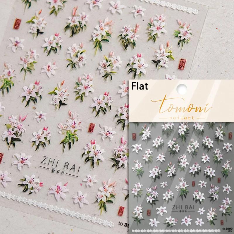 Yellow Green Pink Gradient Polarized Lilies Semi Translucent Jelly 3D Self Adhesive Nail Art Stickers Flowers Manicure Decals