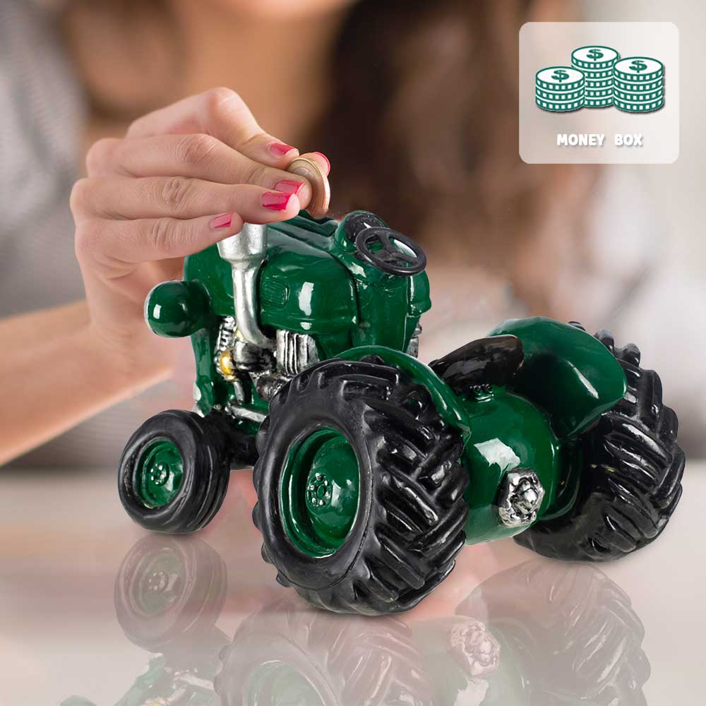 Green Tractor Home Decor Collectible Vehicle Figurine Saving Piggy Money Bank for Office Desk Bookshelf Indoor Ornament