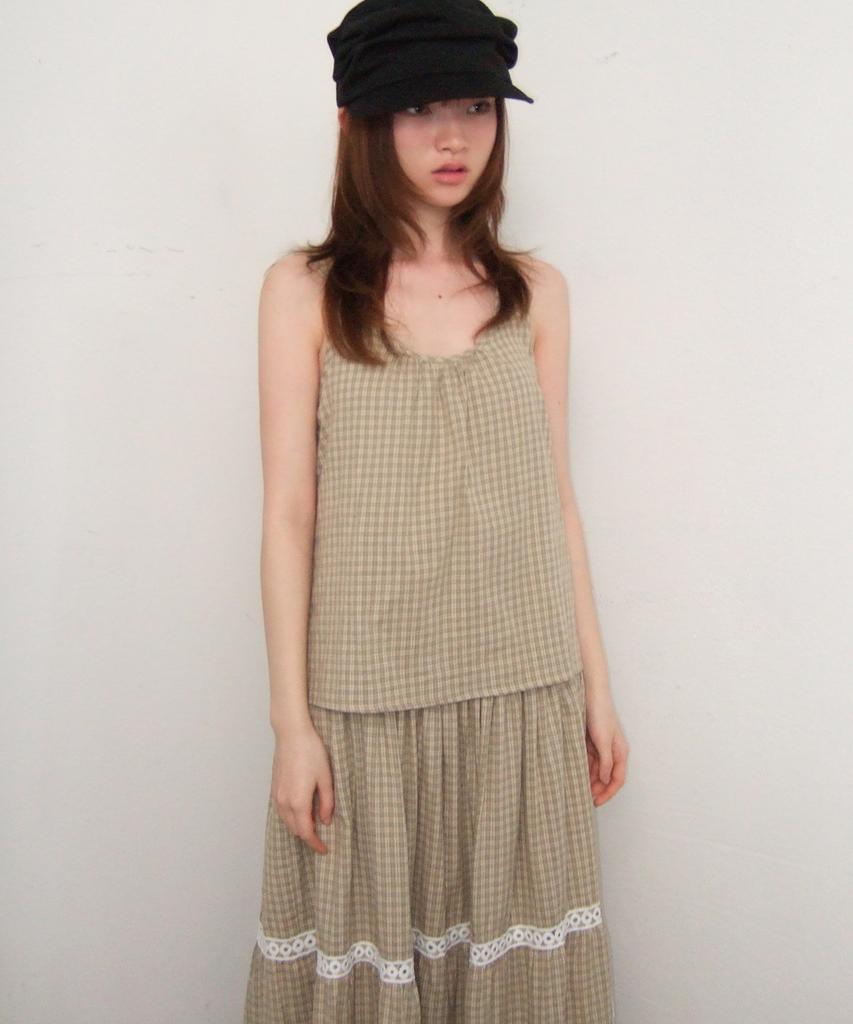 Some Place Check Mix Lace Voluminous Flare Tiered Shirred Sleeveless Layered Long Dress [Beige]