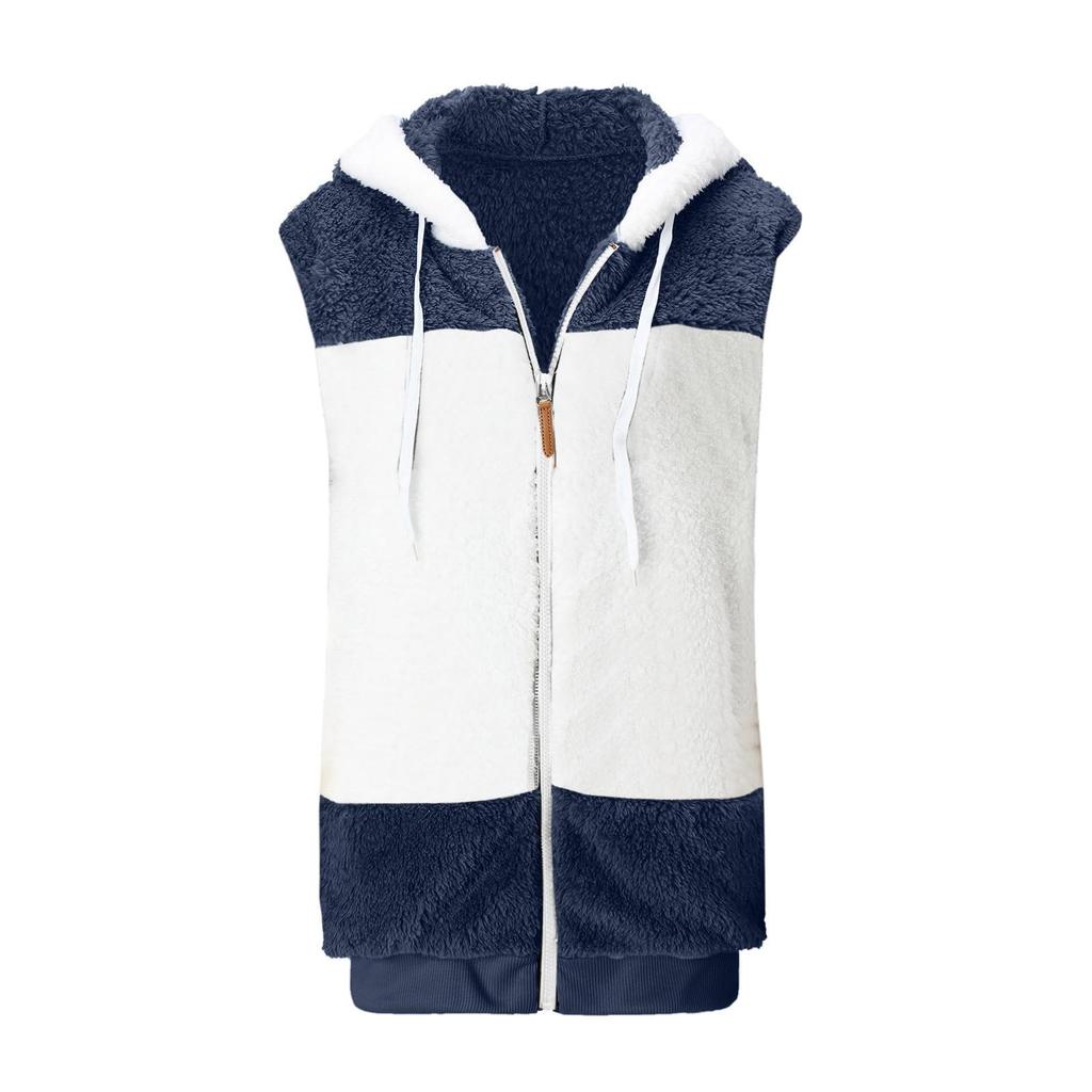 Women's Fashionable  Plush Zipper Pocket Hooded Sleeveless Loose Warm Vest Jacket