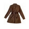 Elegant Korean-Style Waist-Cinched Tweed Top and Stand Collar Brown Knit Dress for Women, Spring 2026
