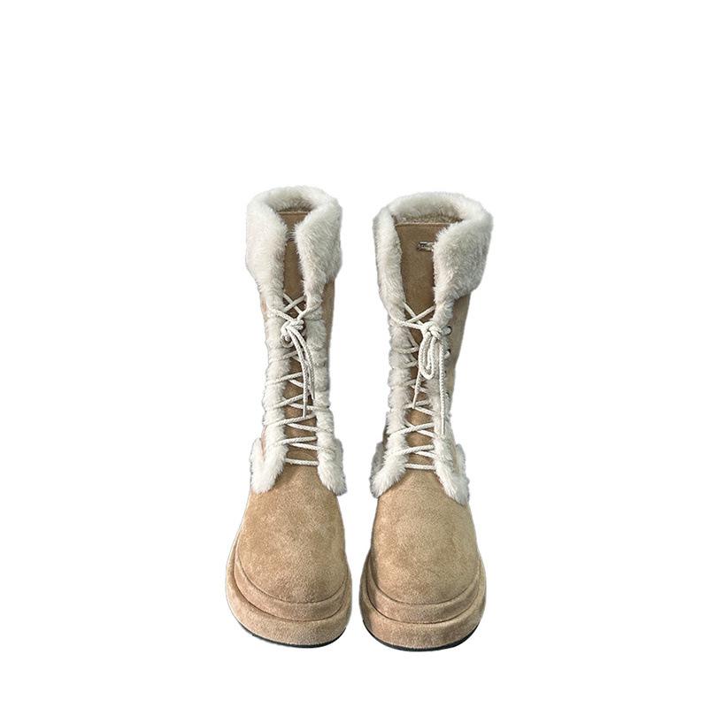 Fashion Thick-soled Snow Boots Women's Medium Boots Autumn and Winter Piled Thickened Thermal Shoes Martin Boots Fluffy Shoes Cotton